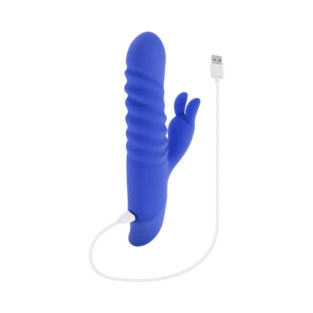 Evolved Knock Knock dual action rabbit vibrator in blue — knocking curl motion shaft, rabbit clitoral stimulator, 10 speeds, IPX-6 waterproof, body-safe silicone, USB rechargeable