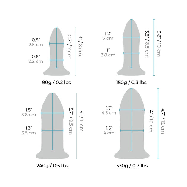 b-Vibe 4-Piece Anal Dilators Glass Plug Set featuring graduated body-safe glass plugs in four sizes.