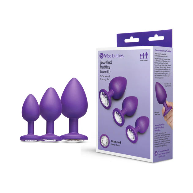 b-Vibe Jewel Butties Bundle of body-safe silicone butt plugs with decorative jewel bases and progressive sizing.