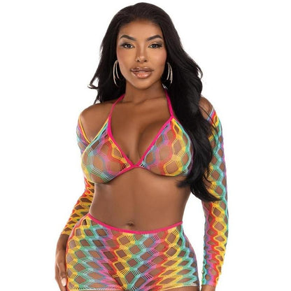 3 Pc Net Bra Top With Shrug and Boy Shorts - One Size - Multicolor