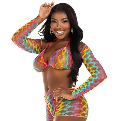 3 Pc Net Bra Top With Shrug and Boy Shorts - One Size - Multicolor