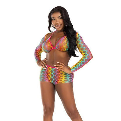 3 Pc Net Bra Top With Shrug and Boy Shorts - One Size - Multicolor