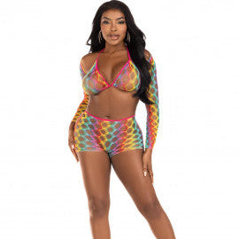 3 Pc Net Bra Top With Shrug and Boy Shorts - One Size - Multicolor