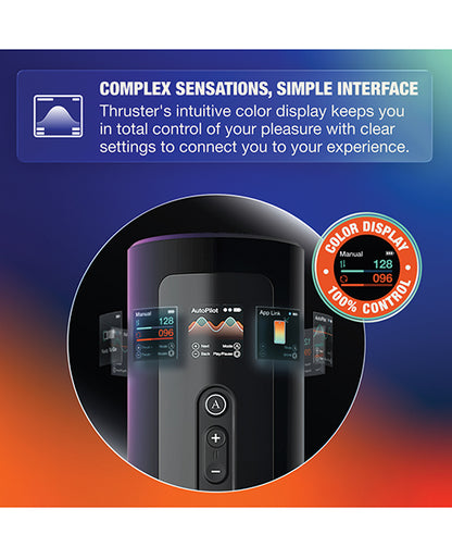 Arcwave Thruster automatic stroking and rotating male masturbator — 200 strokes per minute, 150 rotations, Koosync app video sync, autopilot mode, CleanTech medical grade silicone, USB rechargeable, 2 year warranty

