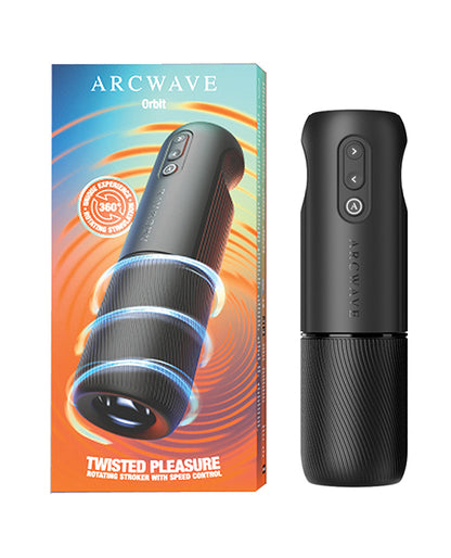 Arcwave Orbit 360° rotating male masturbator stroker — two-handed twist motion, pressure sensitive buttons, 4 control modes, Koosync app video sync, CleanTech medical grade silicone sleeve, USB rechargeable, 2 year warranty