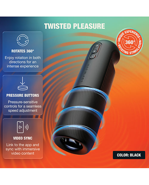 Arcwave Orbit 360° rotating male masturbator stroker — two-handed twist motion, pressure sensitive buttons, 4 control modes, Koosync app video sync, CleanTech medical grade silicone sleeve, USB rechargeable, 2 year warranty
