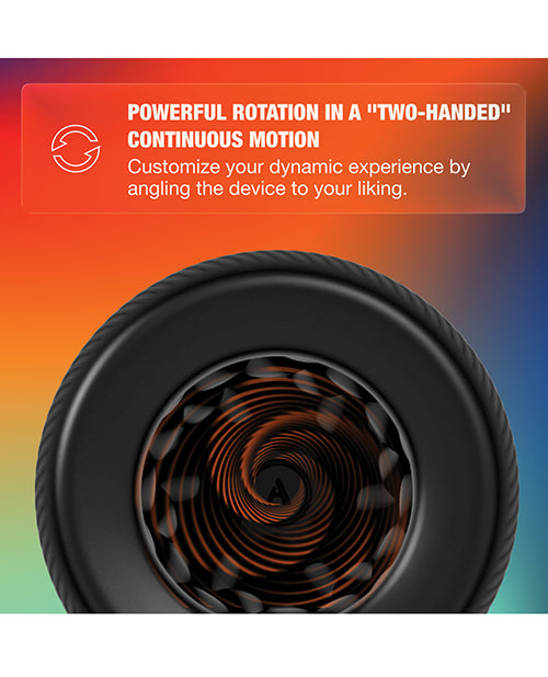 Arcwave Orbit 360° rotating male masturbator stroker — two-handed twist motion, pressure sensitive buttons, 4 control modes, Koosync app video sync, CleanTech medical grade silicone sleeve, USB rechargeable, 2 year warranty
