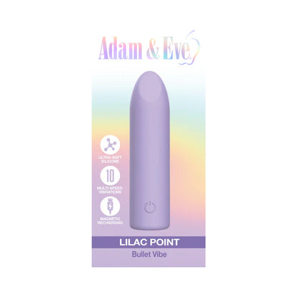 Adam & Eve Lilac Point rechargeable silicone bullet vibrator in lilac — firm angled head, 10 vibration patterns, IPX7 waterproof, USB magnetic charging, premium body-safe silicone
