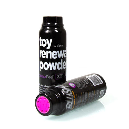 Blush SensaFeel Toy Renewal Powder 3.4 oz bottle for maintaining softness and texture of silicone and latex toys.