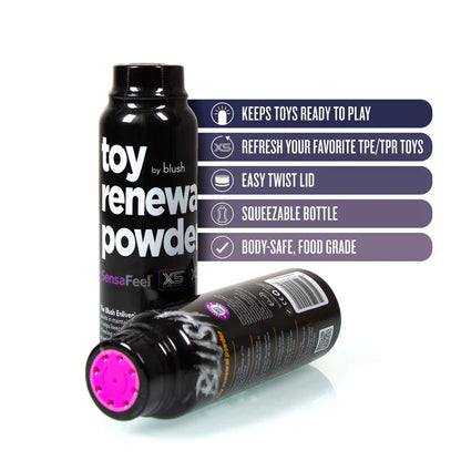 Blush SensaFeel Toy Renewal Powder 3.4 oz bottle for maintaining softness and texture of silicone and latex toys.