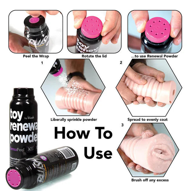 Blush SensaFeel Toy Renewal Powder 3.4 oz bottle for maintaining softness and texture of silicone and latex toys.