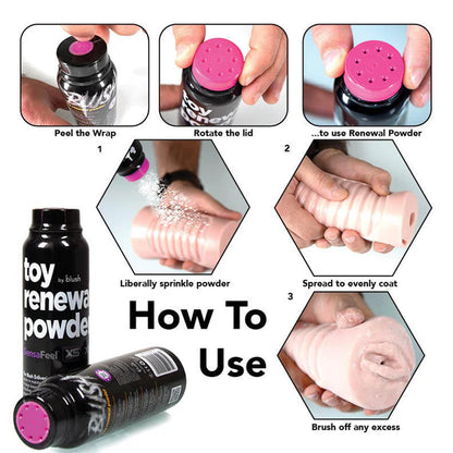 Blush SensaFeel Toy Renewal Powder 3.4 oz bottle for maintaining softness and texture of silicone and latex toys.