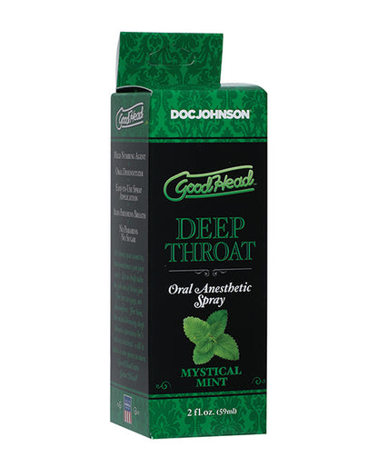 Close-up of the GoodHead Deep Throat Spray Mystical Mint label and spray nozzle