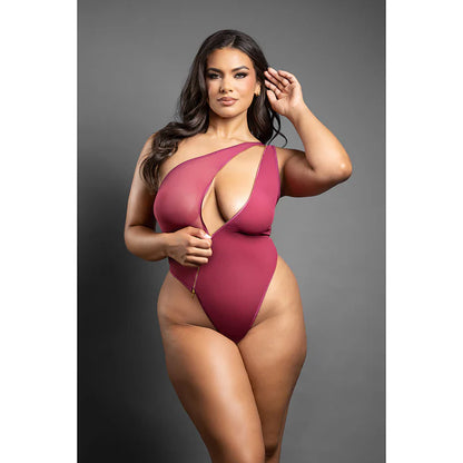 Fantasy Lingerie Domina Crotchless One-Shoulder Teddy with Asymmetrical Front Zipper Berry