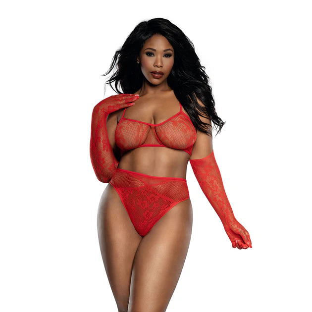 Red lace seamless lingerie 3-piece set on mannequin, front view, Queen size
