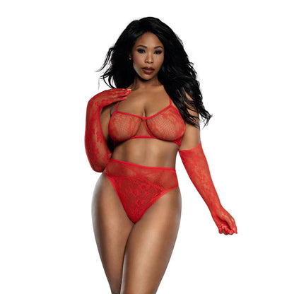 Red lace seamless lingerie 3-piece set on mannequin, front view, Queen size
