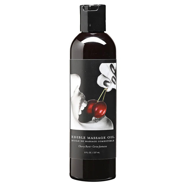 Edible massage oil in cherry flavour, 8 fl. oz. bottle — body-safe, kissable formula for sensual couples massage and intimate play.
