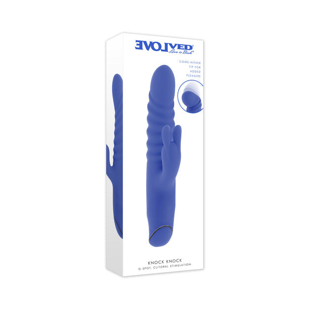 Evolved Knock Knock dual action rabbit vibrator in blue — knocking curl motion shaft, rabbit clitoral stimulator, 10 speeds, IPX-6 waterproof, body-safe silicone, USB rechargeable