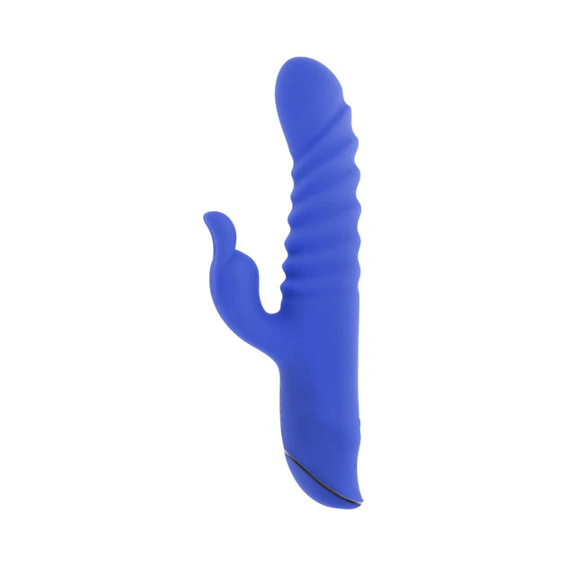Evolved Knock Knock dual action rabbit vibrator in blue — knocking curl motion shaft, rabbit clitoral stimulator, 10 speeds, IPX-6 waterproof, body-safe silicone, USB rechargeable