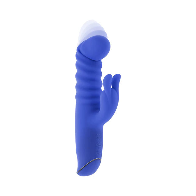 Evolved Knock Knock dual action rabbit vibrator in blue — knocking curl motion shaft, rabbit clitoral stimulator, 10 speeds, IPX-6 waterproof, body-safe silicone, USB rechargeable