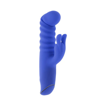 Evolved Knock Knock dual action rabbit vibrator in blue — knocking curl motion shaft, rabbit clitoral stimulator, 10 speeds, IPX-6 waterproof, body-safe silicone, USB rechargeable