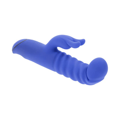 Evolved Knock Knock dual action rabbit vibrator in blue — knocking curl motion shaft, rabbit clitoral stimulator, 10 speeds, IPX-6 waterproof, body-safe silicone, USB rechargeable