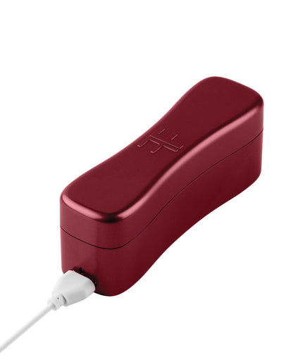 FemmeFunn Booster Bullet maroon vibrator displayed alongside its travel charging case