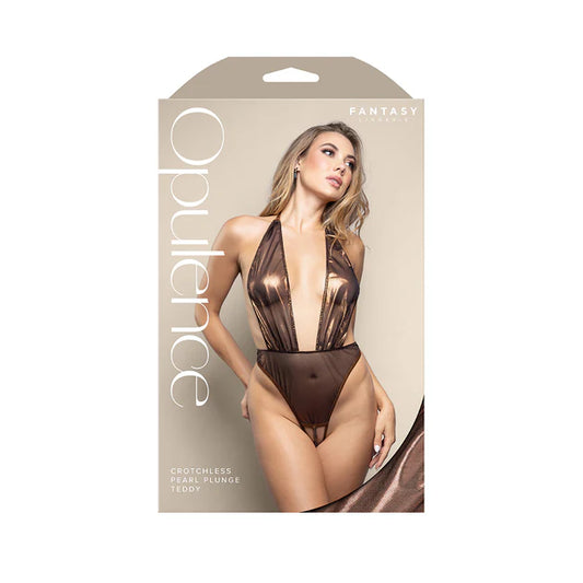 Fantasy Lingerie Opulence crotchless pearl plunge halter teddy with adjustable pearl G-string in chocolate

