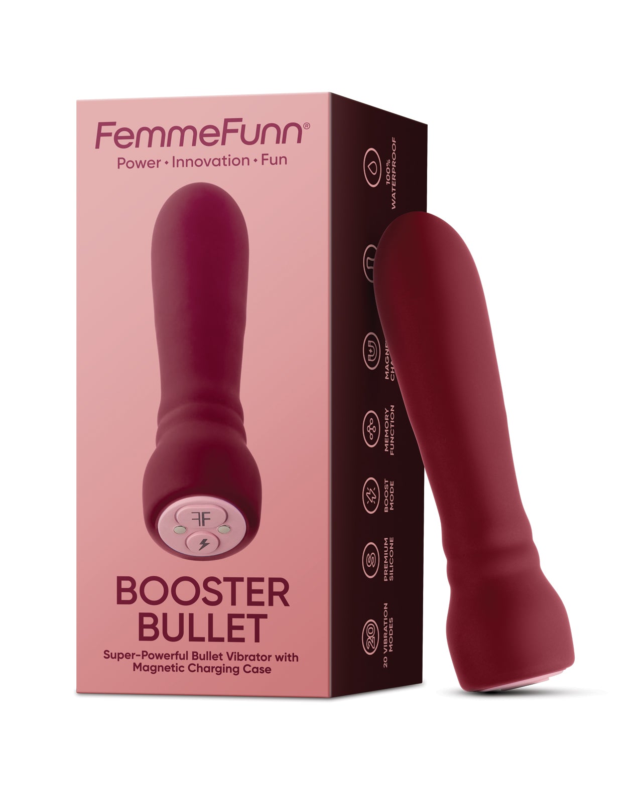 FemmeFunn Booster Bullet Massager in maroon on a neutral background