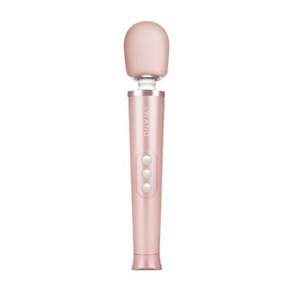 Hand holding the Le Wand Petite rose gold wand vibrator to show size and grip