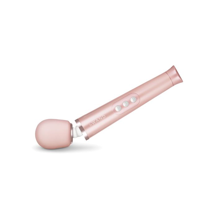 Le Wand Petite rechargeable wand vibrator in rose gold on a neutral background