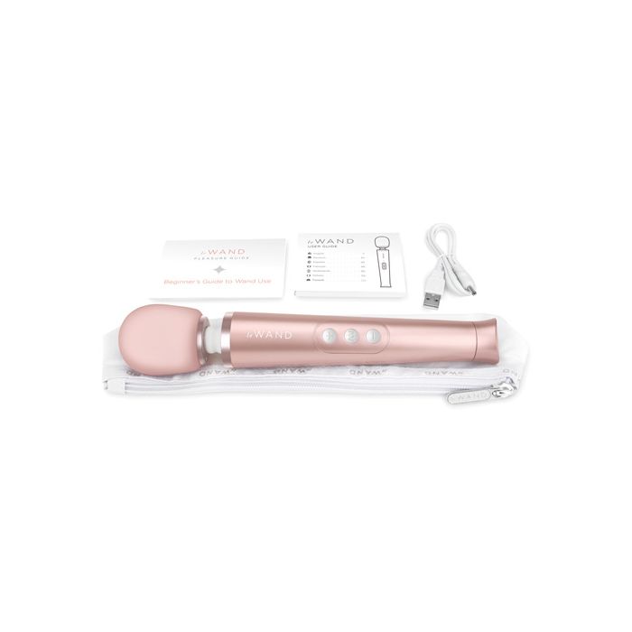 Le Wand Petite rose gold massager with USB charging cable