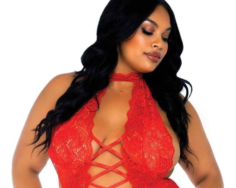 High Neck Floral Lace Backless Teddy with Lace Up Accents and Crotchless Thong