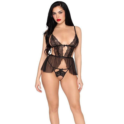 Romantic lace babydoll featuring sheer mesh and matching panty.