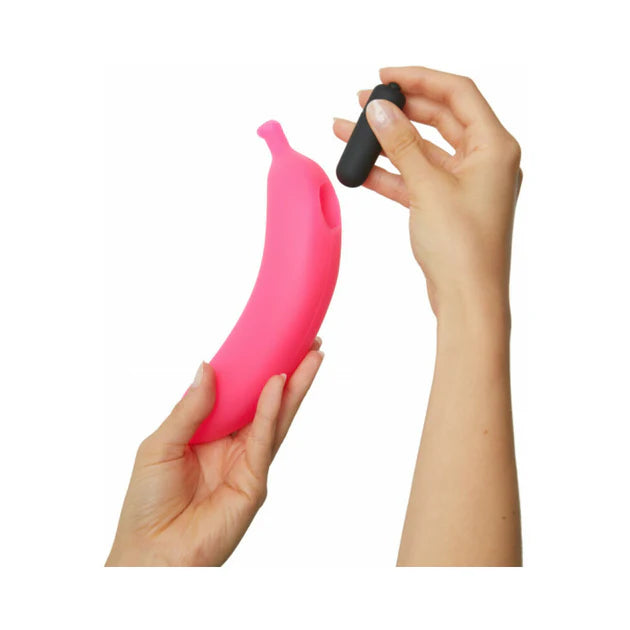 Splashproof banana shaped vibrator with removable bullet pink
