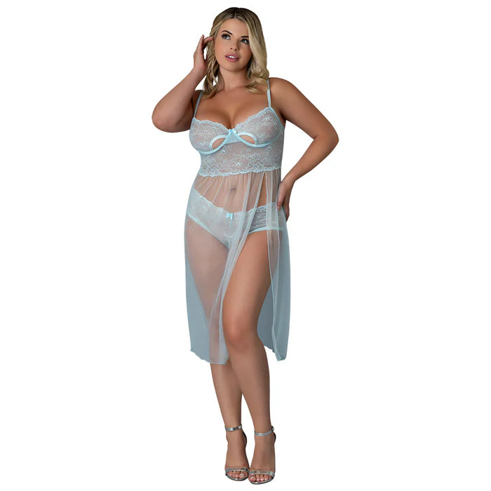 Silk Blue Sky Long Chemise & Boy Short Panty Blue