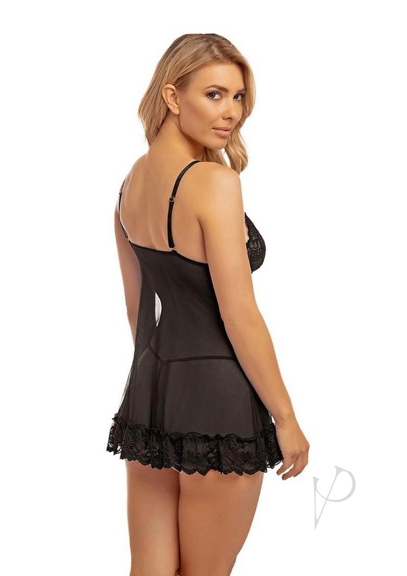 Black lace babydoll chemise with matching thong by Oh La La Cheri.