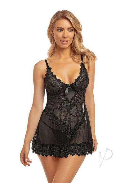 Oh La La Cheri Valentine Babydoll Lingerie – Small Black Sheer Lace Chemise with Matching Thong