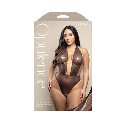 Fantasy Lingerie Opulence crotchless pearl plunge halter teddy with adjustable pearl G-string in chocolate queen size