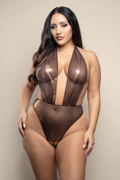 Chocolate pearl halter teddy lingerie featuring plunge neckline and decorative pearl accents