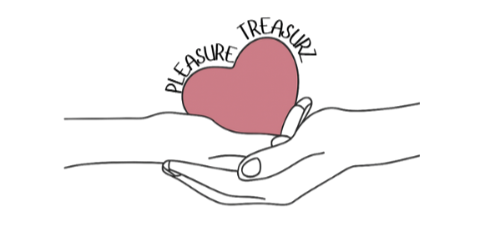 Illustration of a hand holding a heart with 'Pleasure Treasures' text above on a white background