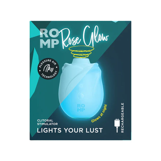 Romp Glow Rose rechargeable clitoral stimulator in aqua body-safe silicone.