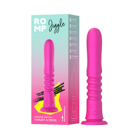 Romp Jiggle rechargeable thrusting vibrator in bright pink premium silicone.