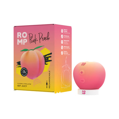 ROMP Pink Peach Pleasure Air Technology clitoral stimulator in pink peach — 14 intensities, IPX7 waterproof, rechargeable, body-safe silicone — comes with display stand
