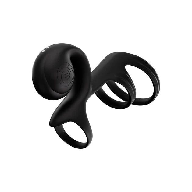 Ergonomic rechargeable vibrating couples ring for shared stimulation.