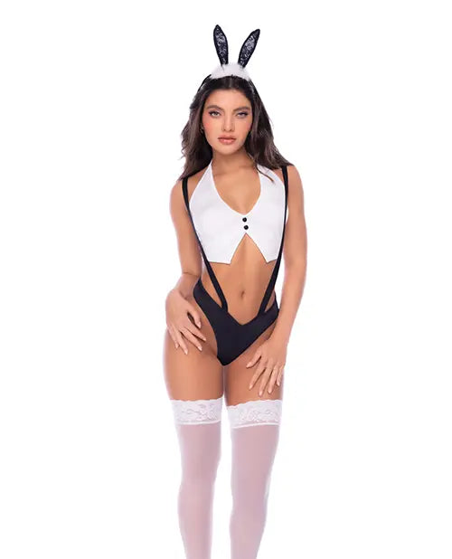 Mapale Sexy Bunny 3pc Set w/Halter Top, Suspender Panty &amp; Bunny Ear Headband - Black/White