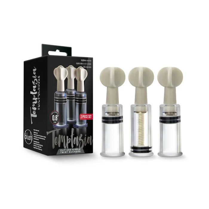 Temptasia Clit and Nipple Twist Suckers 3-piece set in clear on a neutral background