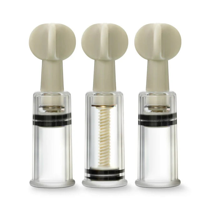 Close-up of the three graduated clear twist suckers in the Temptasia set