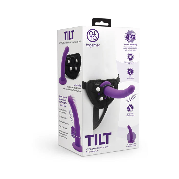 Together Tilt 7 in. Vibrating Silicone Dildo & Harness Set Purple