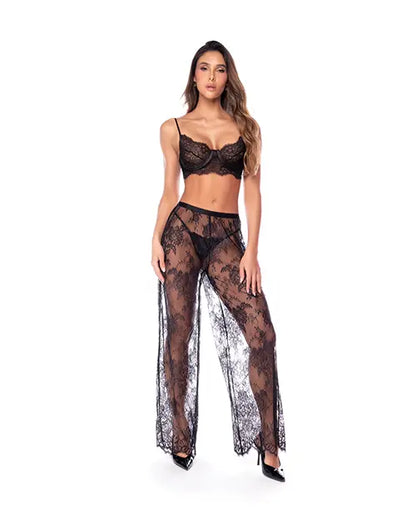 Mapale Underwire Lace Bra, Lace Wide Leg Pants, &amp; Thong 3pc Set - Black